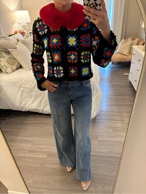 Alice + Olivia Multi-Color Crochet Patchwork Wide-Leg Jeans — Blue Wash